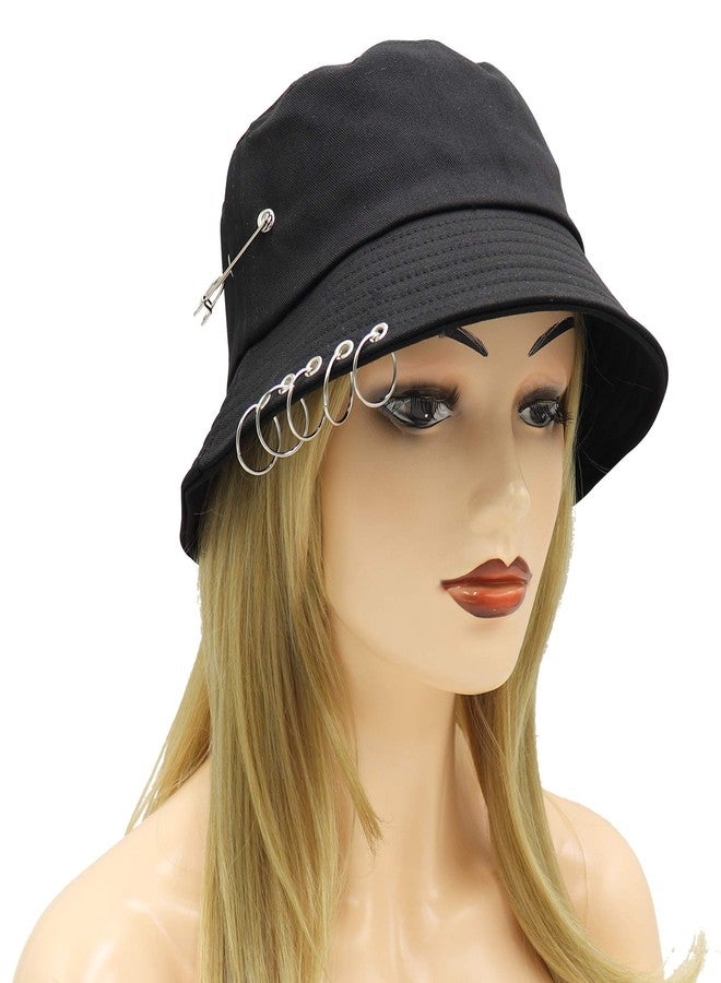 Umeepar Five Ring &Safety Pin Decor Cotton Bucket Hat Packable Beach Sun Hat for Womens Men (US, Alpha, One Size, Black) - Image 2